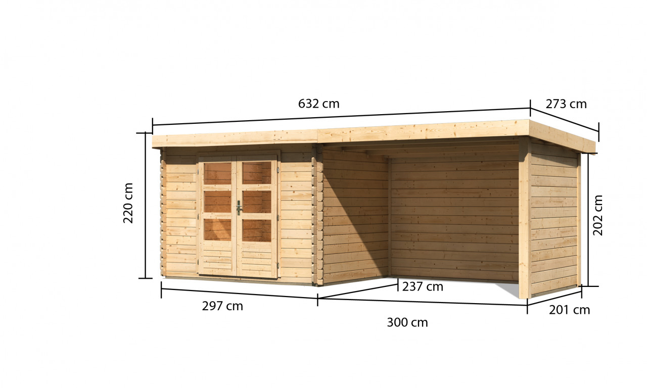 Gartenhaus Holz BASTRUP 3 297 x 237 m 28 mm Blockbohlenhaus Naturbelassen inkl. 300 m Anbaudach + Rück und Seitenwand