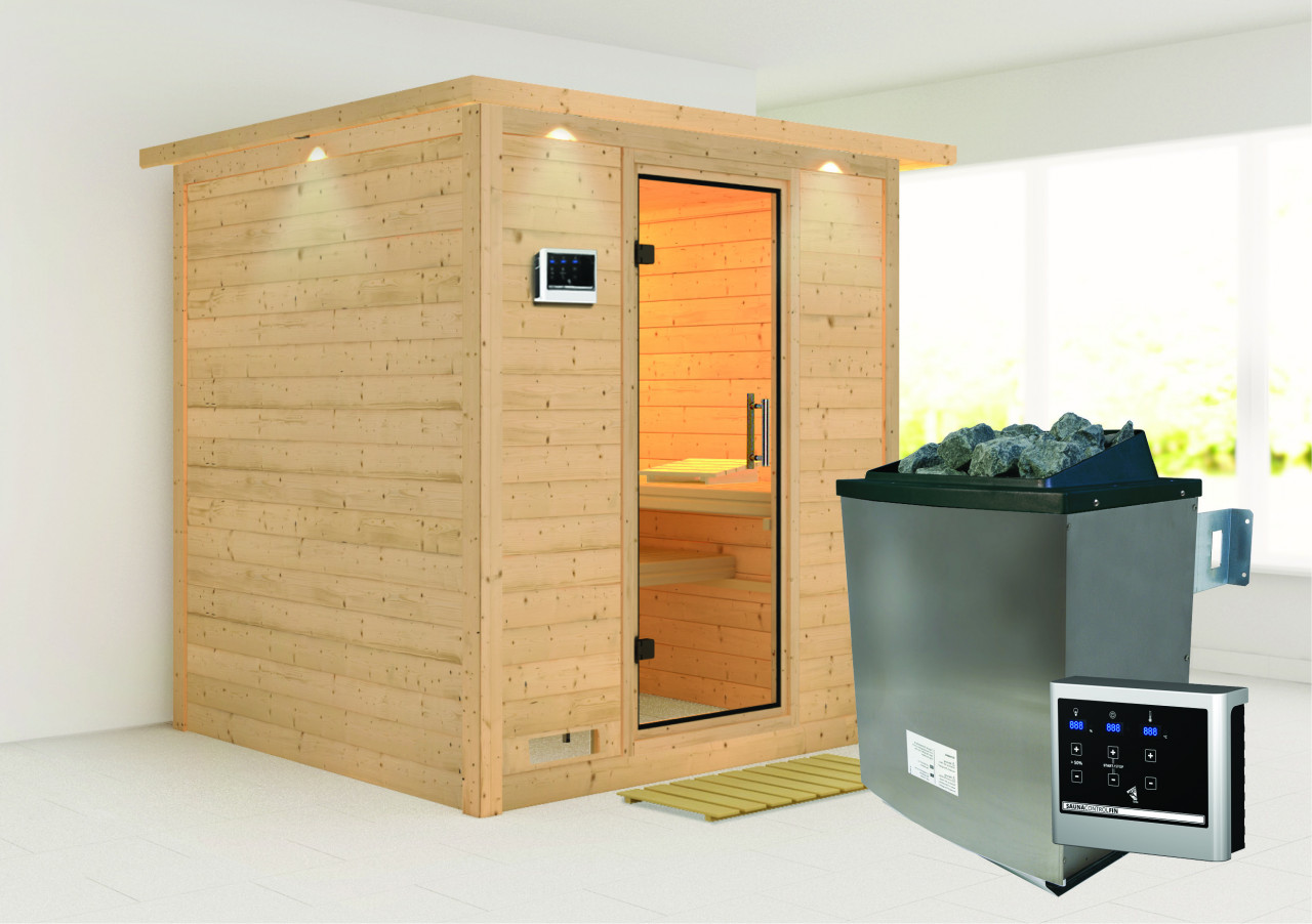 Sauna Innenkabine Mojave Innensauna 3 Sitzbänke aus Holz in Naturbelassen Saunakabine Wandstärke 40 mm Inklusive Ofen Infrarotsauna - Naturbelassen