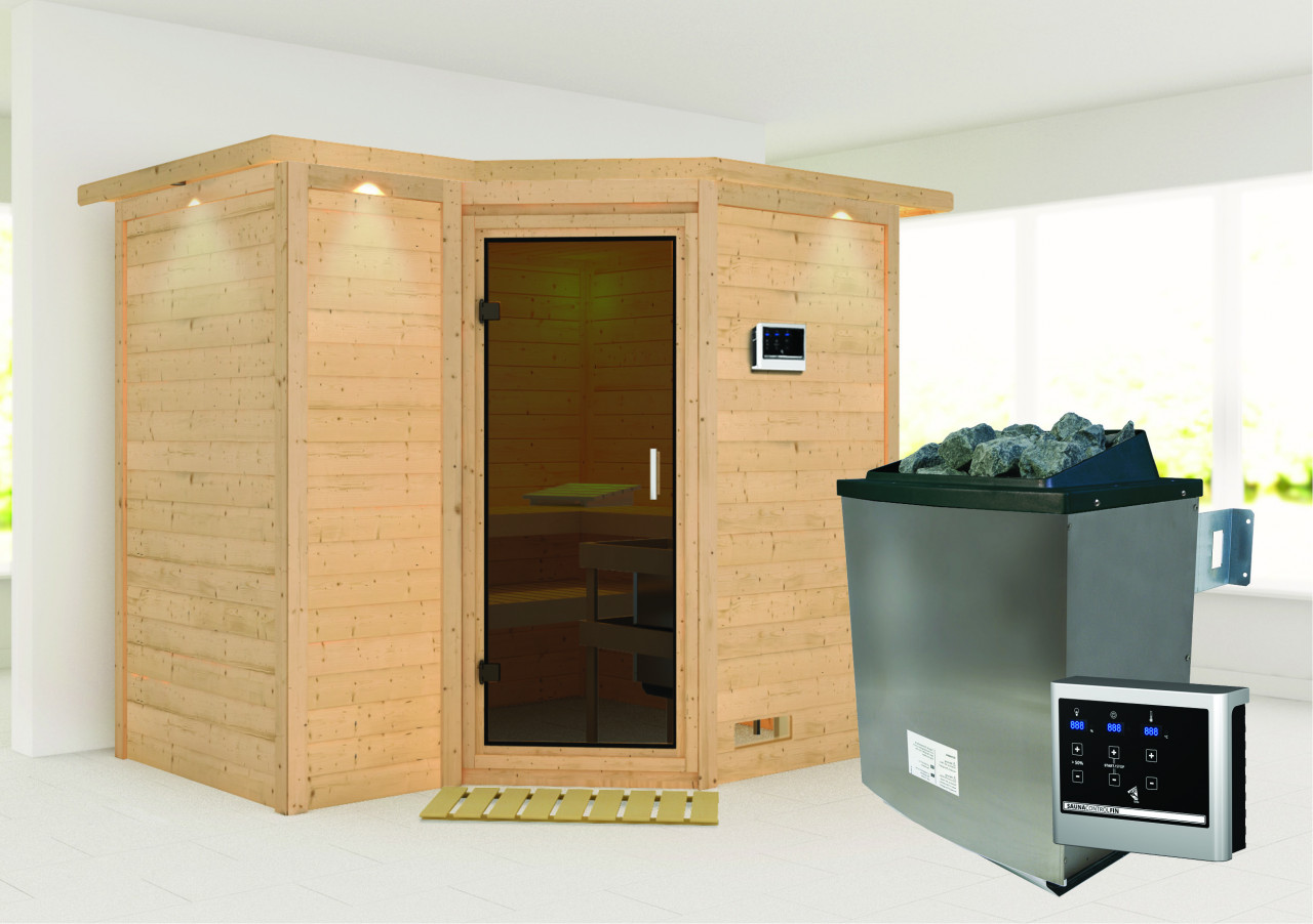 Massivholzsauna SAHIB 2 236 x 184 m 40 mm 9.0 kW Ofen inkl. Steuergerät mit Dachkranz Ganzglastür graphit