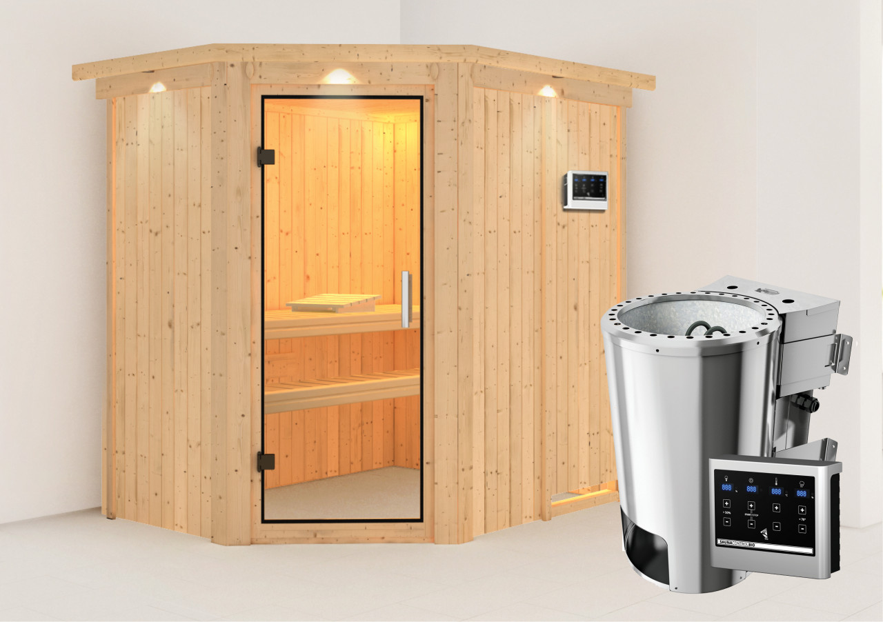 Sauna SAJA 151 x 196 m 3.6 kW BioKombiofen ext. Steuerung mit Dachkranz Klarglastür