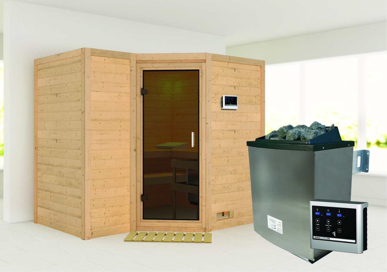 Massivholzsauna SAHIB 2 236 x 184 m 40 mm 9.0 kW Ofen inkl. Steuergerät ohne Dachkranz Ganzglastür graphit