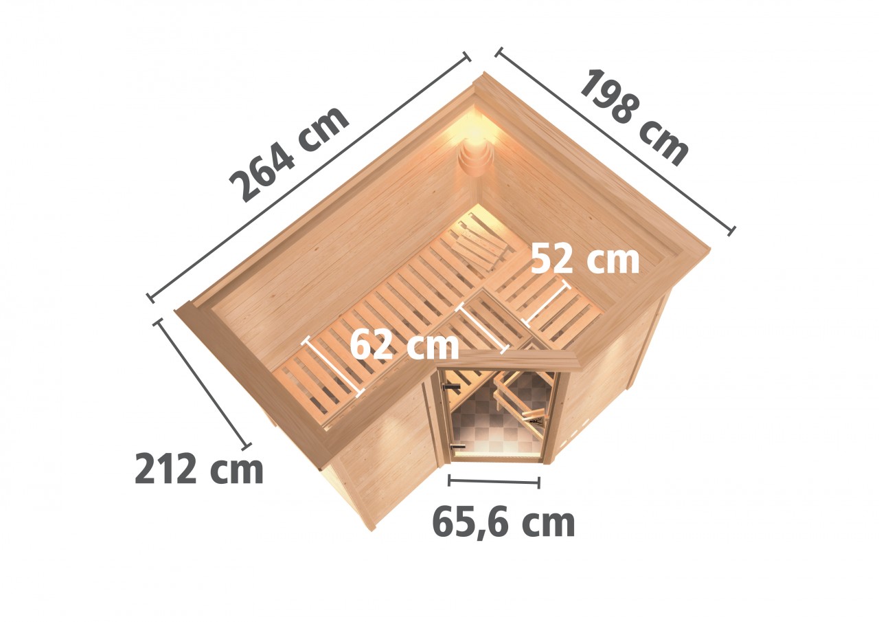Massivholzsauna SAHIB 2 236 x 184 m 40 mm 9.0 kW BioKombiofen inkl. Steuergerät mit Dachkranz Energiespartür