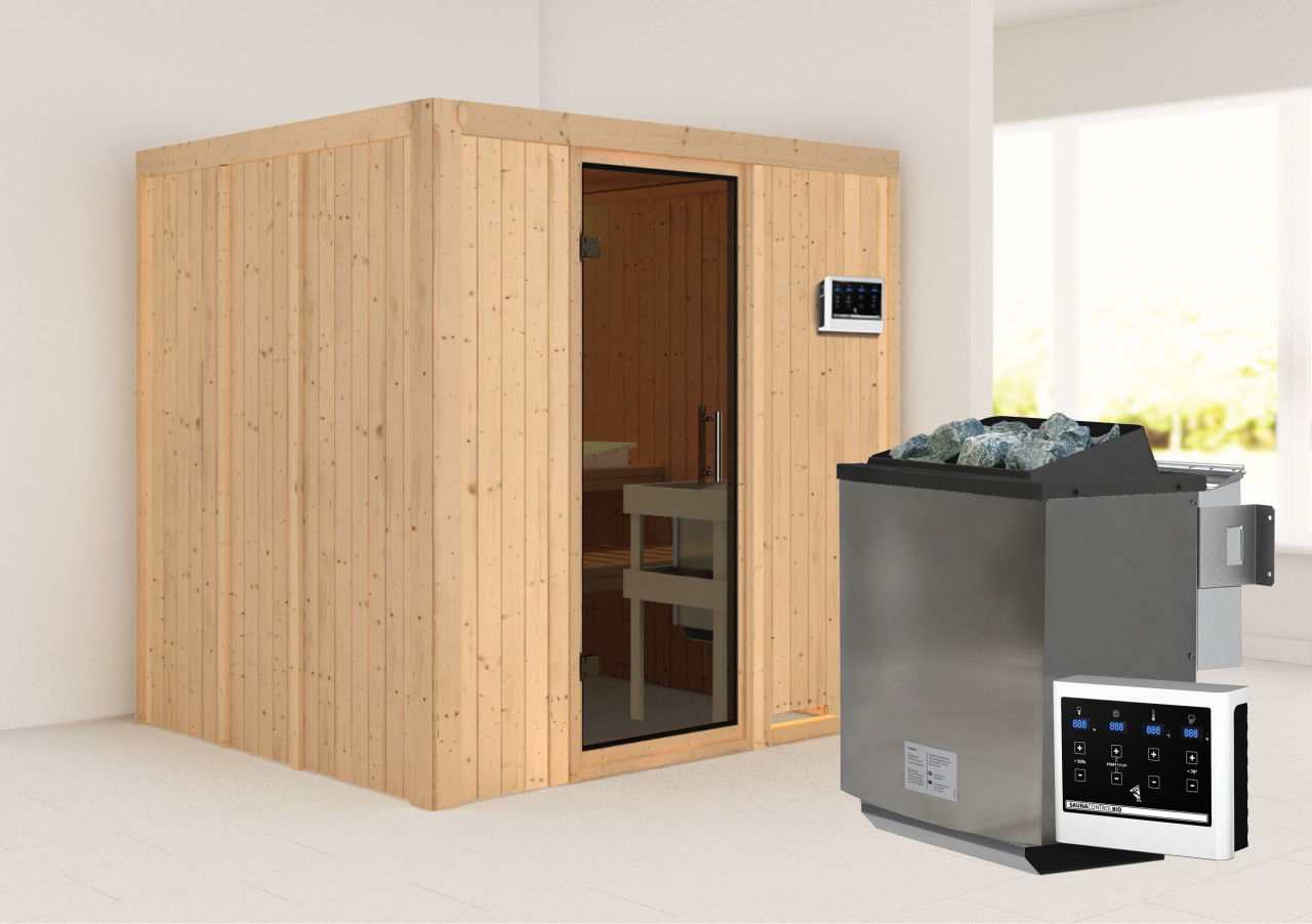 Sauna SODIN 196 x 17 m Naturbelassen 9.0 kW BioKombiofen inkl. Steuergerät ohne Dachkranz Ganzglastür graphit