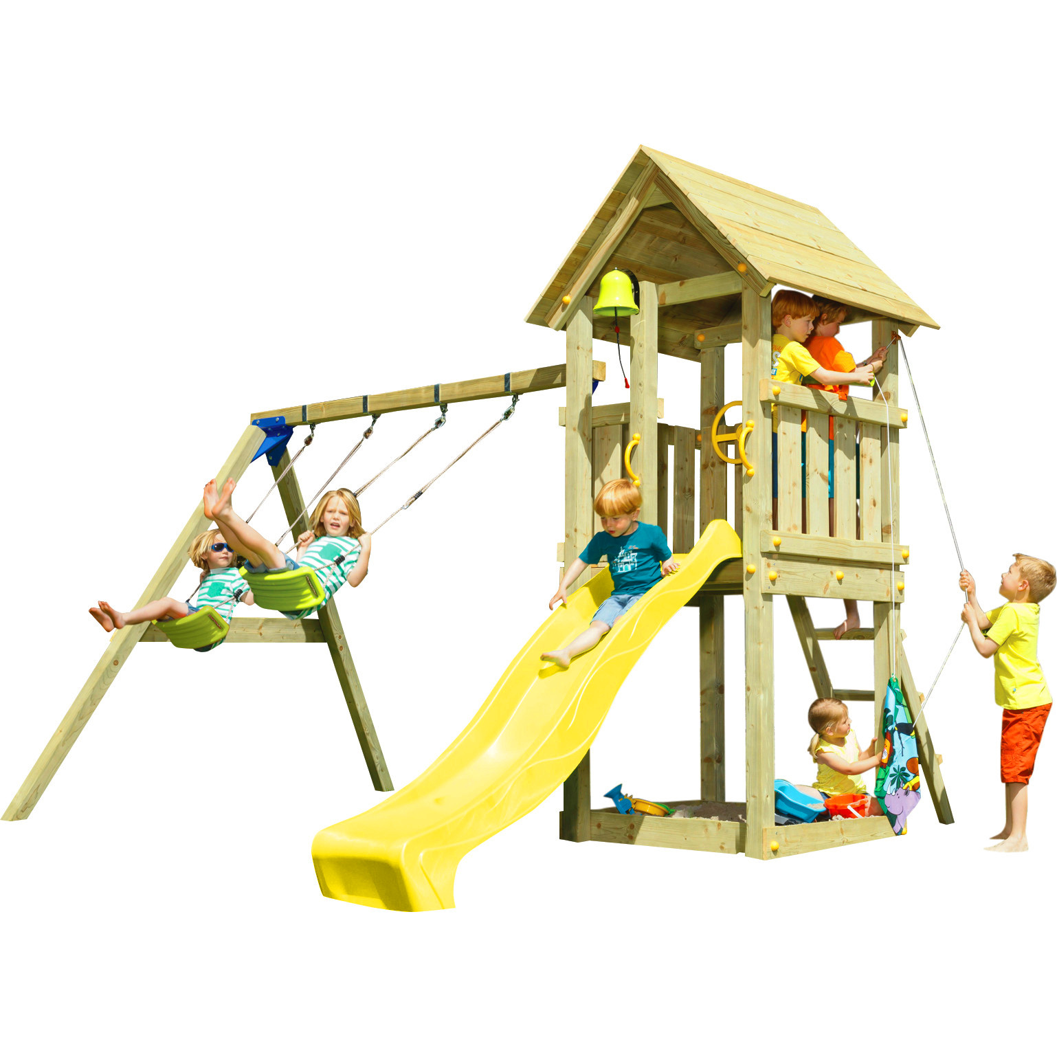 SPIELTURMKING Spielturm KIOSK mit Rutsche Doppelschaukel Holzturm Kletterturm