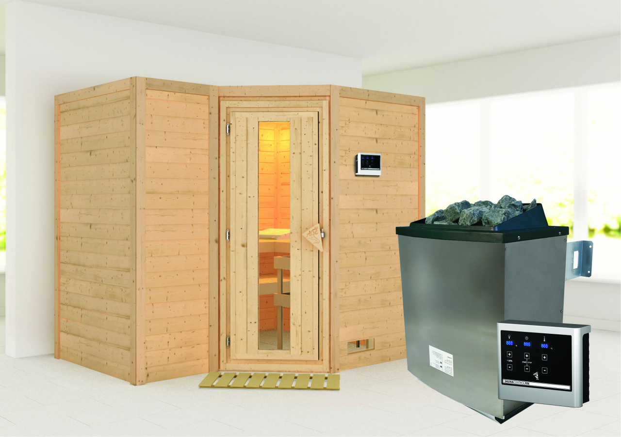Massivholzsauna SAHIB 2 236 x 184 m 40 mm 9.0 kW Ofen inkl. Steuergerät ohne Dachkranz Energiespartür