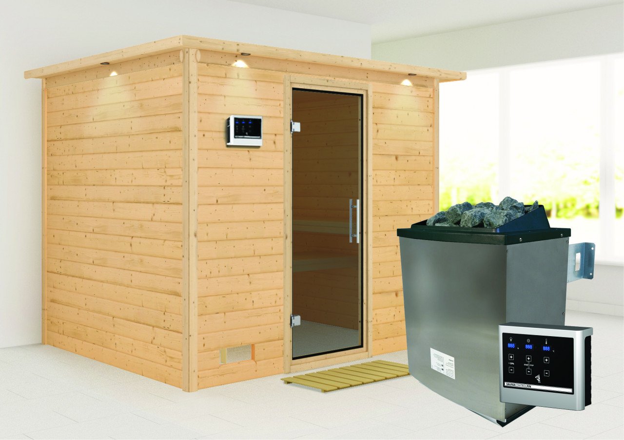 Massivholzsauna SONARA 231 x 196 m 38 mm 9.0 kW Ofen inkl. Steuergerät mit Dachkranz Ganzglastür graphit