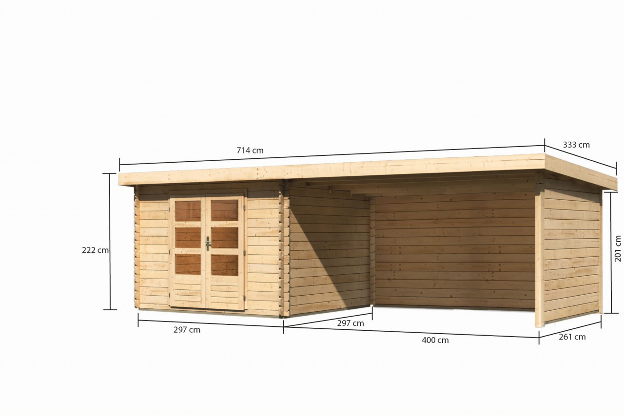 Gartenhaus Holz BASTRUP 5 297 x 297 m 28 mm Blockbohlenhaus Naturbelassen inkl. 400 m Anbaudach + Rück und Seitenwand