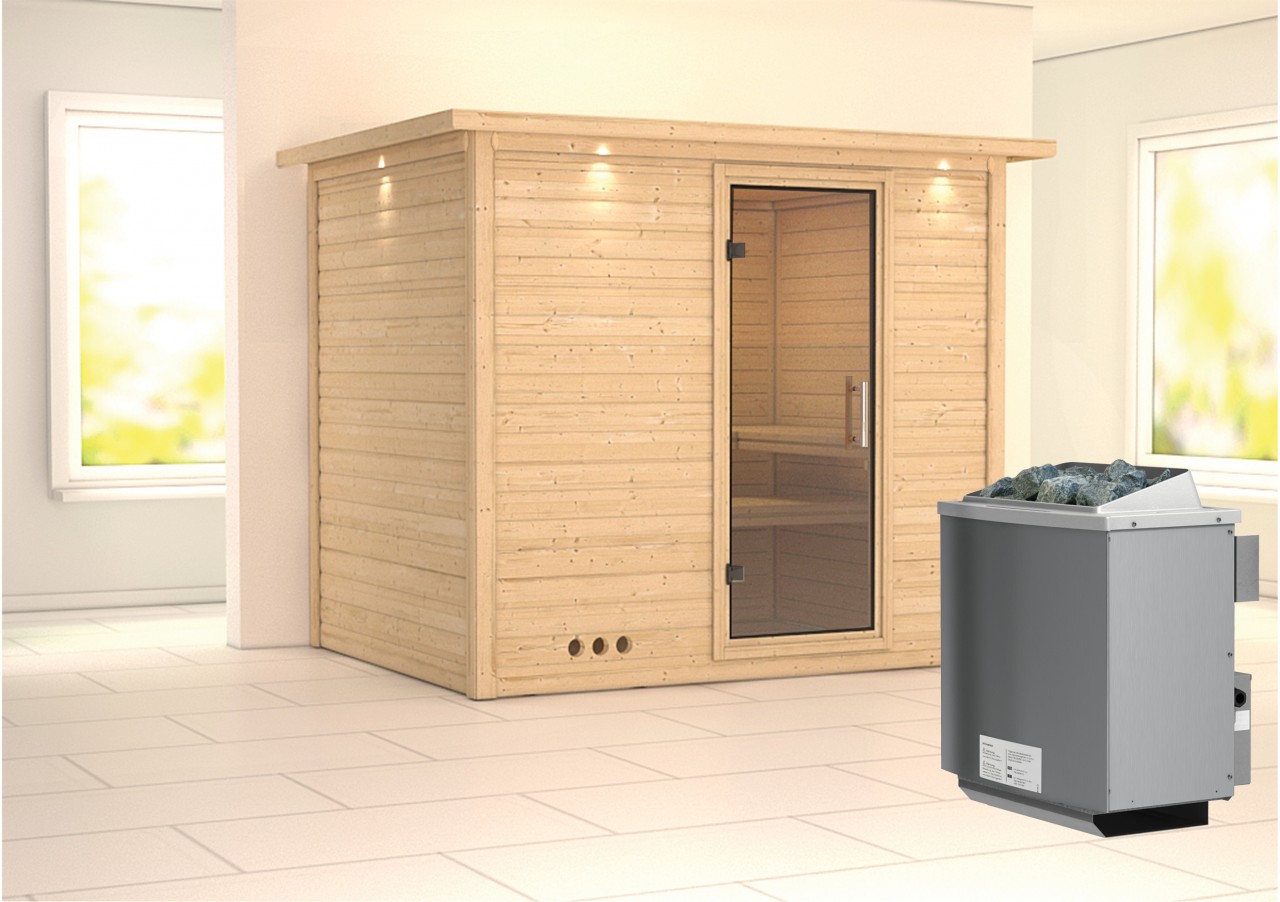 Massivholzsauna SONARA 231 x 196 m 38 mm 9.0 kW Ofen integr. Steuerung mit Dachkranz Ganzglastür Klarglas