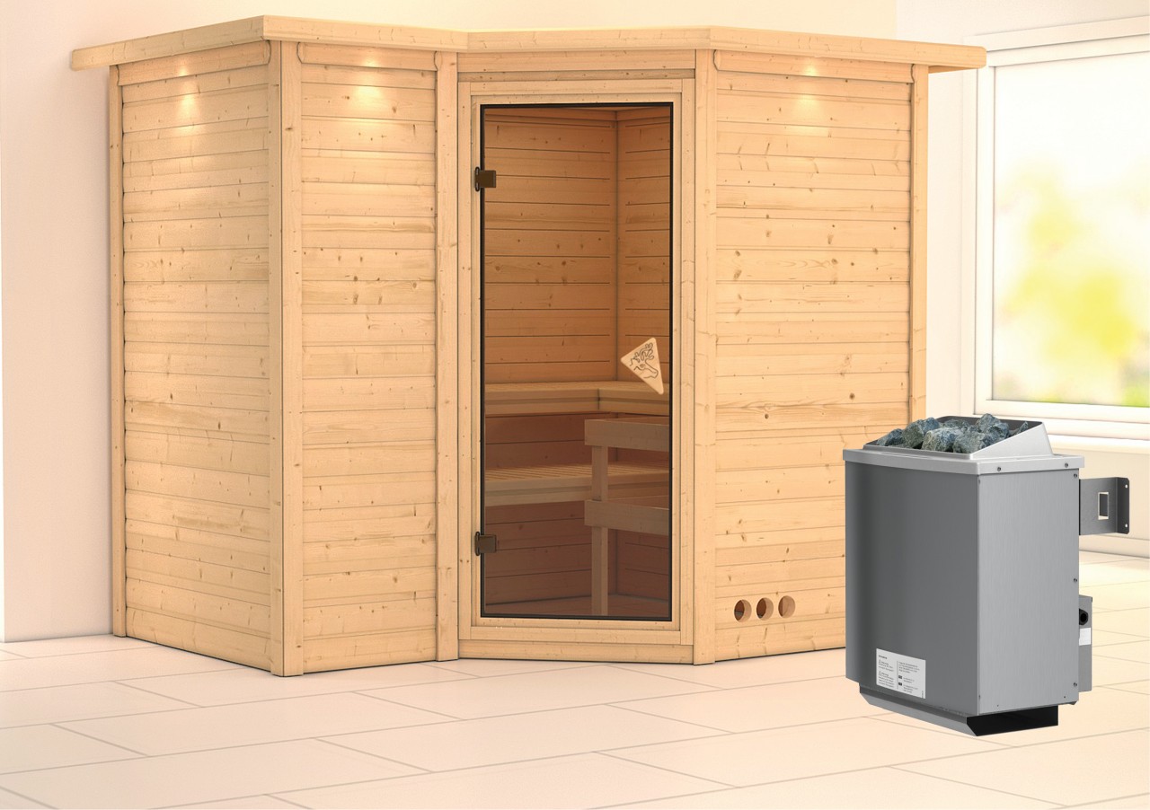 Massivholzsauna SAHIB 2 236 x 184 m 40 mm 9.0 kW Ofen integr. Steuerung mit Dachkranz Ganzglastür bronziert